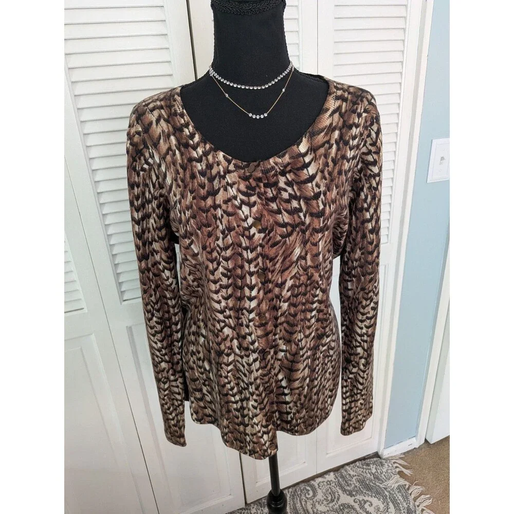 Talbots Pure Merino Wool Cardigan Sweater Womens XL Brown Feather Print Academia